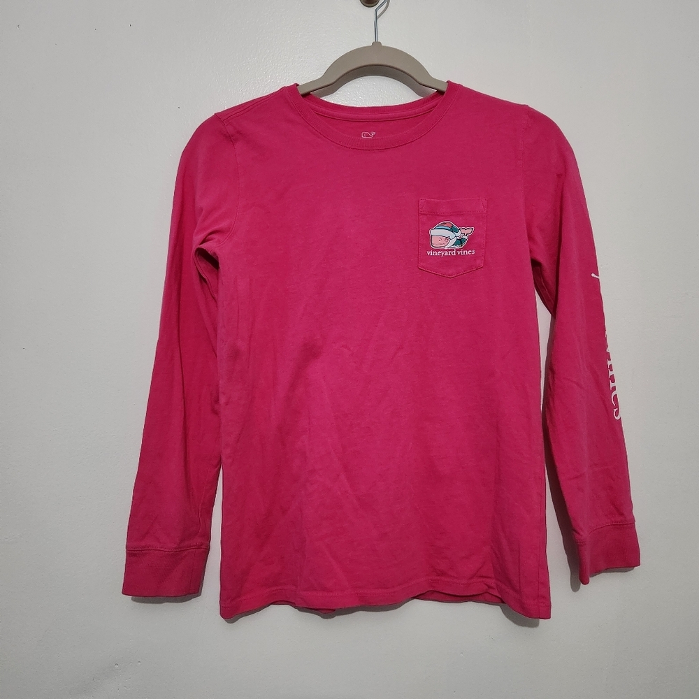 Vineyard Vines Girls L 14 Hot Pink Holiday Elf Whale Long Sleeve Pocket T-Shirt